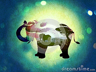 African Night with Elephant Grunge Stock Photo