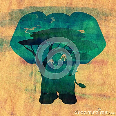 African Night with Elephant Grunge Stock Photo