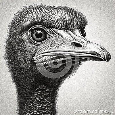 African ostrich head portrait, black and white drawing, Stock Photo