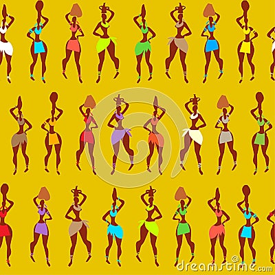 African pattern, a cheerful pattern with people. Multicolored woman on a yellow background. Vector Illustration