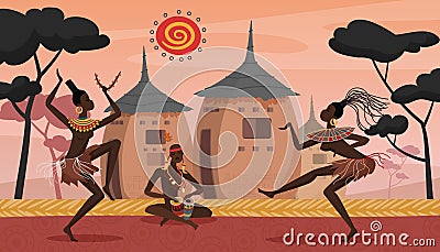 African people dance on ethnic ritual ceremony, tribal culture, aborigines playing drums Vector Illustration