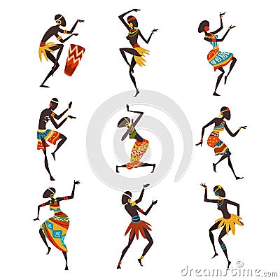 African People Dancing Folk or Ritual Dance Set, Aboriginal Dancers in Bright Traditional Ethnic Clothing Vector Vector Illustration