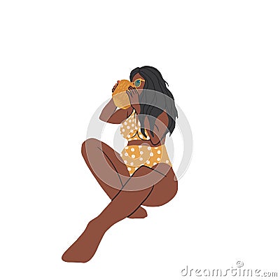African Plus size girl drinks coconut water. Body positive concept. Attractive overweight black woman in cute swimsuit. Concept Vector Illustration