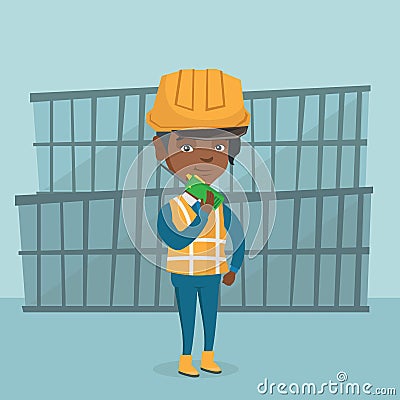 African port worker talking on wireless radio. Vector Illustration