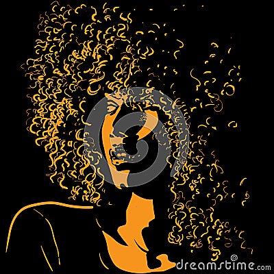 African pretty woman with afro hair style portrait silhouette in contrast backlight. Vector. Vector Illustration