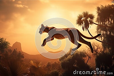 African puma cougar in the wild, in an aggressive predatory leap at sunset. AI generated. Stock Photo