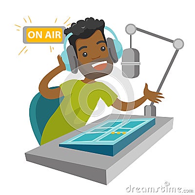 African radio host working at the radio studio. Vector Illustration