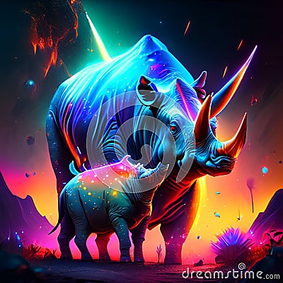 African rhinoceros and rhinoceros in a cave. 3d rendering AI generated Stock Photo