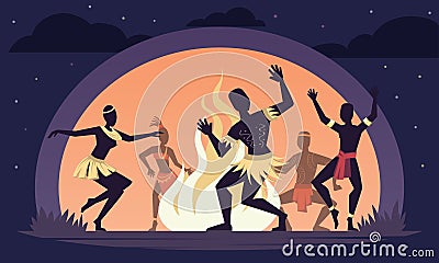 african ritual background. ancient traditional ceremony near fireplace, cartoon aboriginal ethnic dancers. vector Vector Illustration