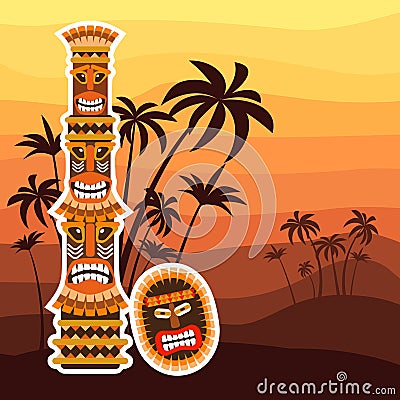 African ritual totem and mask Vector Illustration