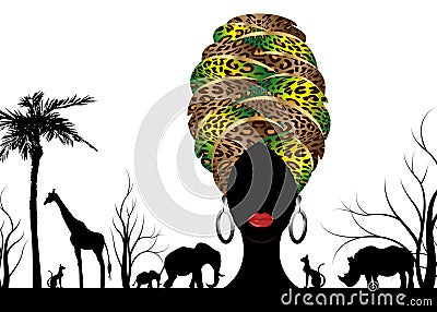 African safari animal silhouette landscape scene and portrait African woman in traditional turban, Kente afro head wrap leopard Vector Illustration