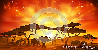 African Safari Animal Silhouettes Landscape Scene Vector Illustration