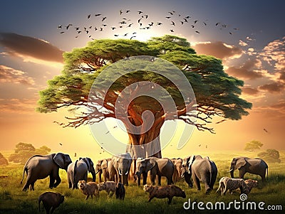 Ai Generated illustration Wildlife Concept of African Safari Animals Meeting Together Around Tree Cartoon Illustration