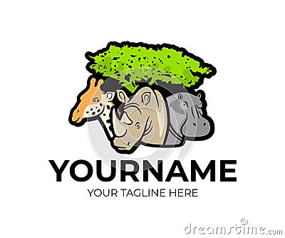 African safari, giraffe, rhino and hippopotamus under a tree, logo design. Animals, nature, national park and zoo, vector design Vector Illustration