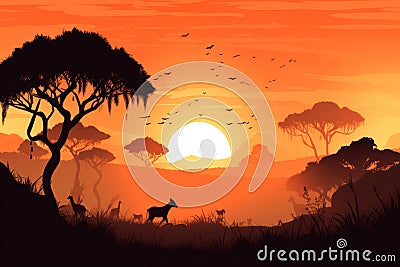 African Safari Silhouette Banner AI generated Stock Photo