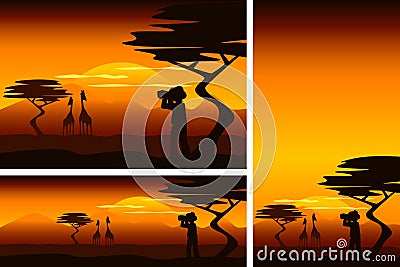 African savanna with explorer and giraffes in different formats Vector Illustration