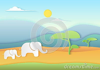 African savannah landscape with Elephants, mountains and trees. Trendy paper cuted style vector illustration. Vector Illustration