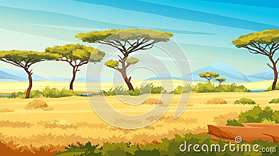 African savannah landscape, green trees, mountains Vector Illustration