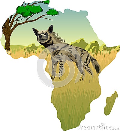 African savannah with striped hyena - vector Vector Illustration
