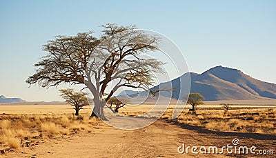 African savannah, tree, sand, grass, mountain, blue generated by AI Stock Photo