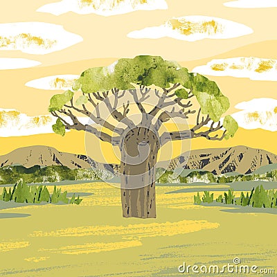 African savannah. Vector baobab tree. Reserves and national parks outdoor. Bright hand draw vector Illustration with tree, Vector Illustration