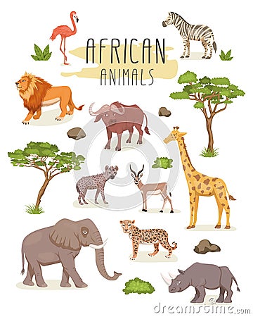 African Savannah Wild Animal Set. Lion, Rhino, Zebra, Buffalo, Giraffe, Flamingo, Leopard, Gazelle, Elephant, Hyena Stock Photo