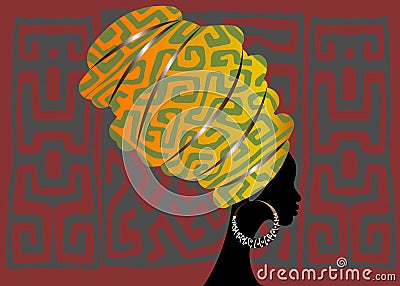 African scarf, portrait Afro woman in a geometri turban. Tribal Wrap fashion, Ankara, Kente, kitenge. Nigerian style dresses Ghana Vector Illustration