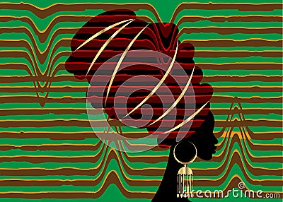 African scarf, portrait Afro woman in a striped turban. Tribal Wrap fashion, Ankara, Kente, kitenge. Nigerian style dresses. Ghana Vector Illustration