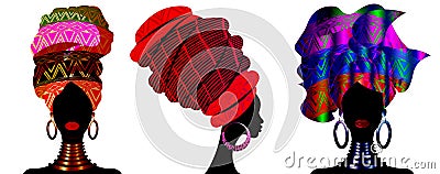 Set African scarf, portrait Afro women in a striped turban. Tribal Wrap fashion, Ankara, Kente, kitenge, African women dresses Vector Illustration