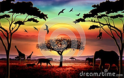 African scenery with animals silhouettes and sunset Stock Photo