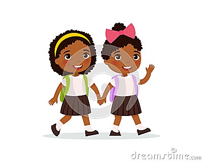 African schoolgirls going to school flat vector illustration Cartoon Illustration