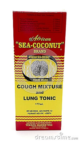 African sea coconut brand cough mixture and lung tonic syrup in Manila, Philippines Editorial Stock Photo