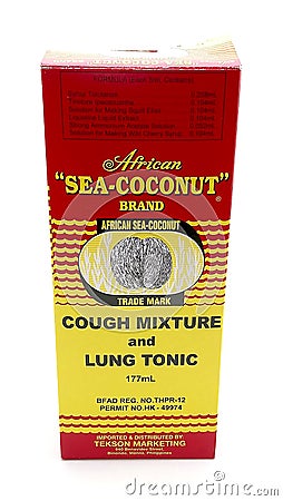 African sea coconut brand cough mixture and lung tonic syrup in Manila, Philippines Editorial Stock Photo