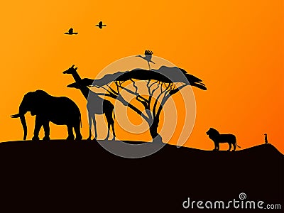 African sunset and animals Vector Illustration