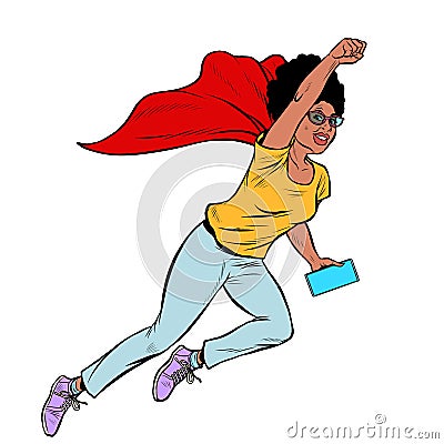 African superhero flying active strong Woman grandmother pensioner elderly lady Vector Illustration