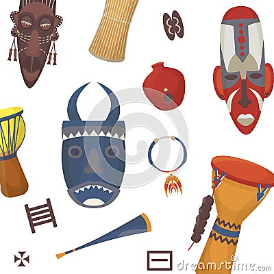 African symbols, masks, totem and drums, Africa pattern vector illustration. Ritual african tribal face covers Vector Illustration