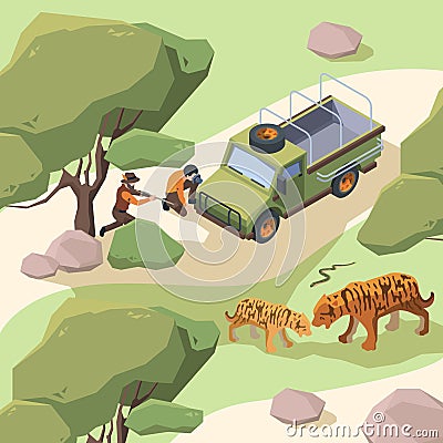 African tourists at road. Wild safari desert adventure concept vector flyer or background garish template Cartoon Illustration