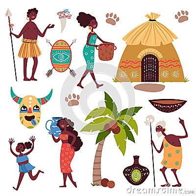 African traditional element. Cartoon tribal items, national wear, dwelling hut, decorative deity mask, palm tree Vector Illustration