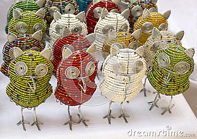 African traditional handmade colorful bead wire toys animal bird owl. Stock Photo