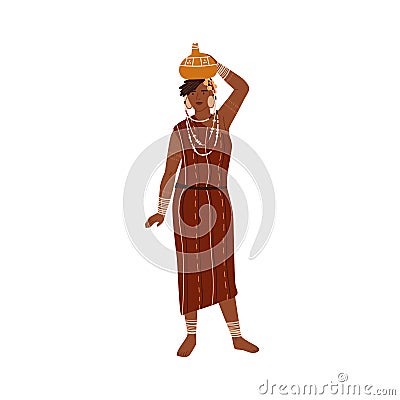 African tribal woman carrying vase or pitcher on head. Young female member of aboriginal tribe wearing ethnic clothes Vector Illustration