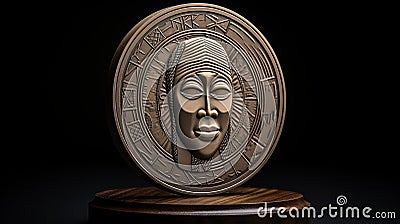 Intricately Carved Wooden Tribal Coin: A Symbol Of African Cultural Heritage Stock Photo