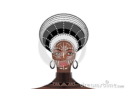 African Tribe Clothes Female Zulu, portrait of cute south african woman. Typical clothing for married women, young girl of Bantu Vector Illustration