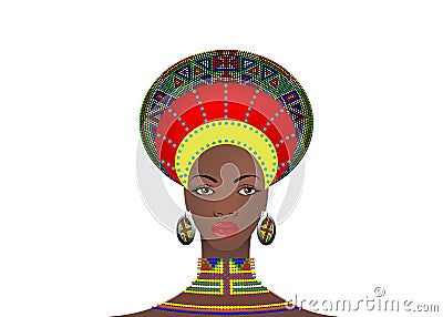 African Tribe Clothes Female Zulu, portrait of cute south african woman. Typical clothing for married women, young girl of Bantu Vector Illustration