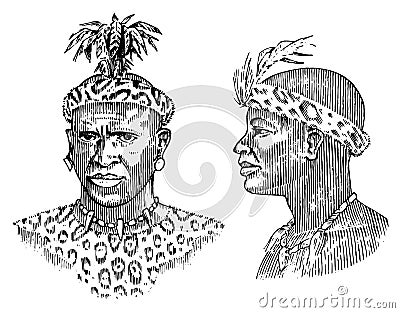 African tribes, portraits of Aborigines in traditional costumes. Australian Warlike black native man. Engraved hand Vector Illustration