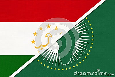 African Union and Tajikistan, national flag from textile. Africa continent vs Tajikistani symbol Stock Photo
