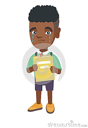 African upset boy with book shedding tears. Vector Illustration