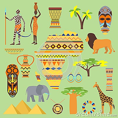 African vector symbols travel safari icon element set. African animals and people ethnic art south ancient design Vector Illustration