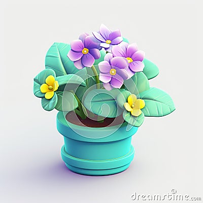 African Violet 3d Icon With Cyan Flower In Cartoon Style Stock Photo