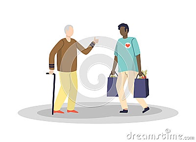 African volunteer bring food for old man, giving support for man with special needs Vector Illustration