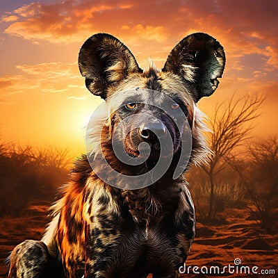 African wild dog Lycaon pictus walking in the water on the road. Hunting painted dog with big ears beautiful wild anilm in hab Cartoon Illustration
